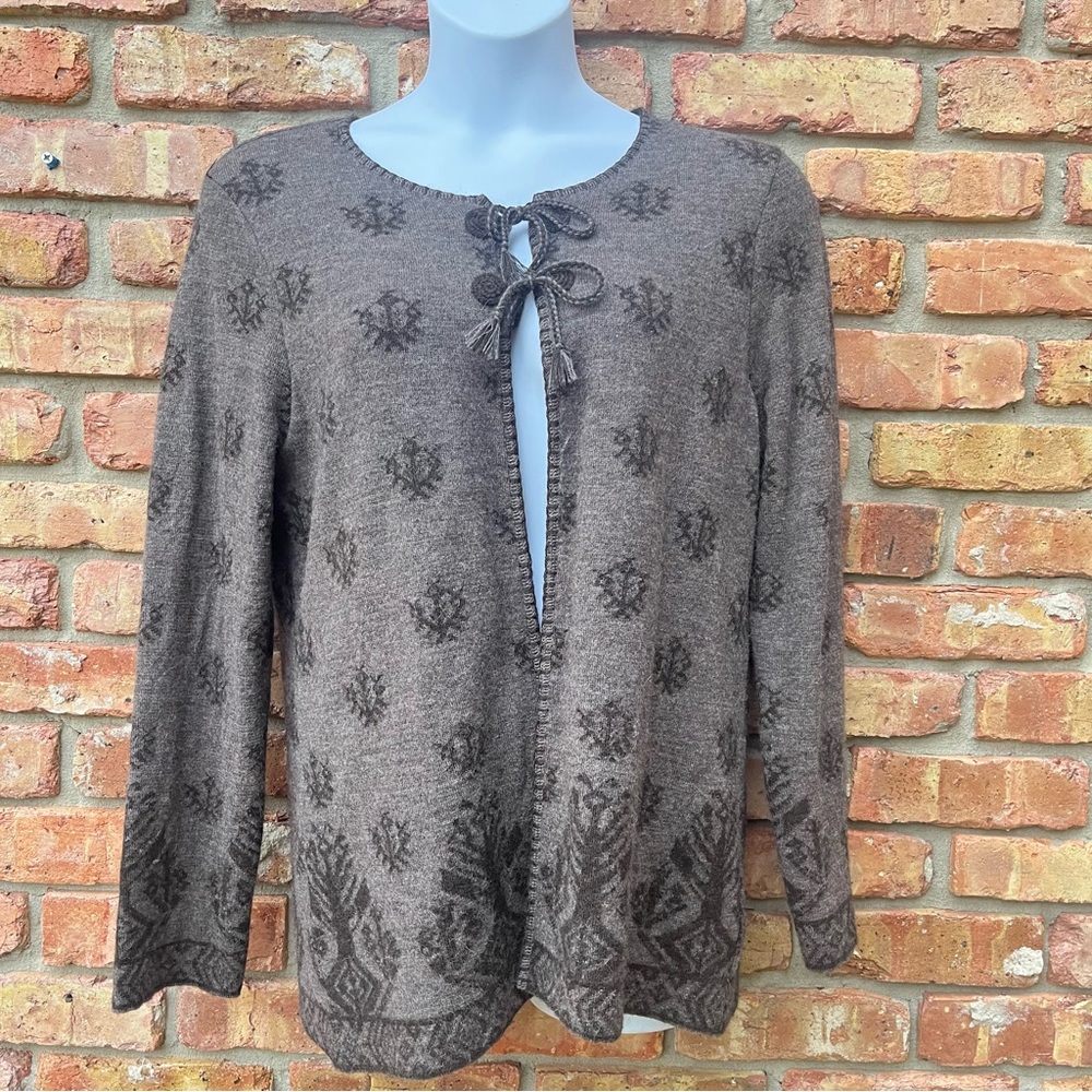 ALPACA WOOL BLEND PERUVIAN CONNECTION XL BROWN PATTERNED MID LENGTH CARDIGAN